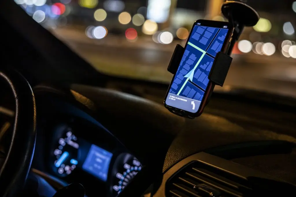A Lyft driver's GPS instructs him on where to turn. Ridesharing apps have become more popular in recent years.