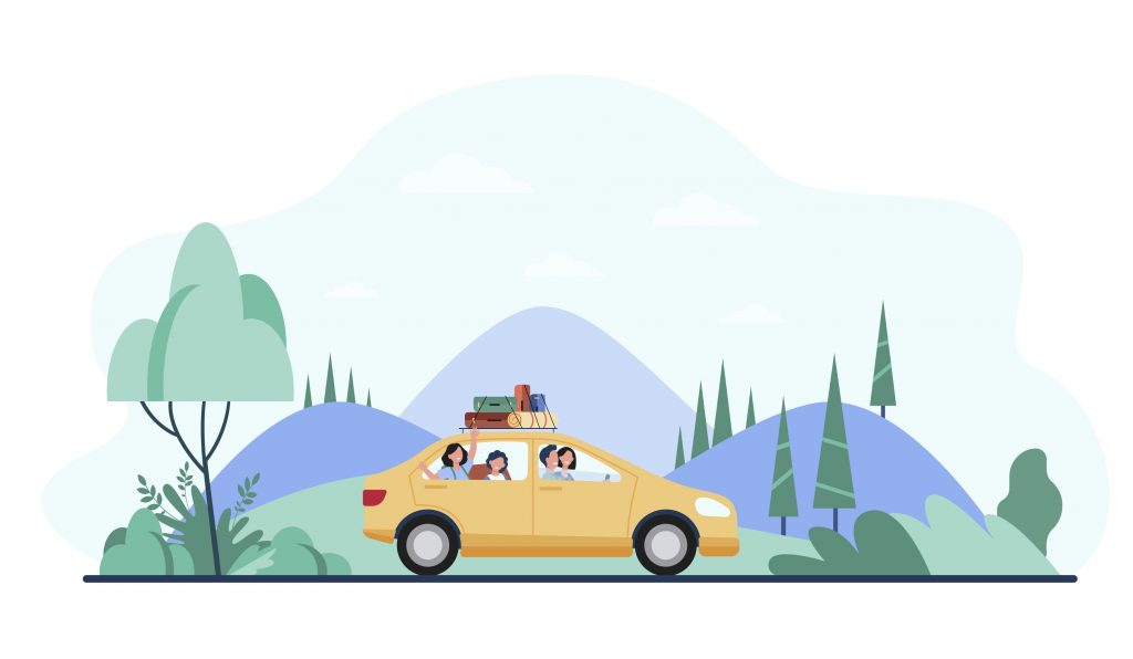 Illustration of a family riding in a yellow car with luggage on top. The car is driving down a scenic road. This family is safer due to PIP laws in Kentucky.