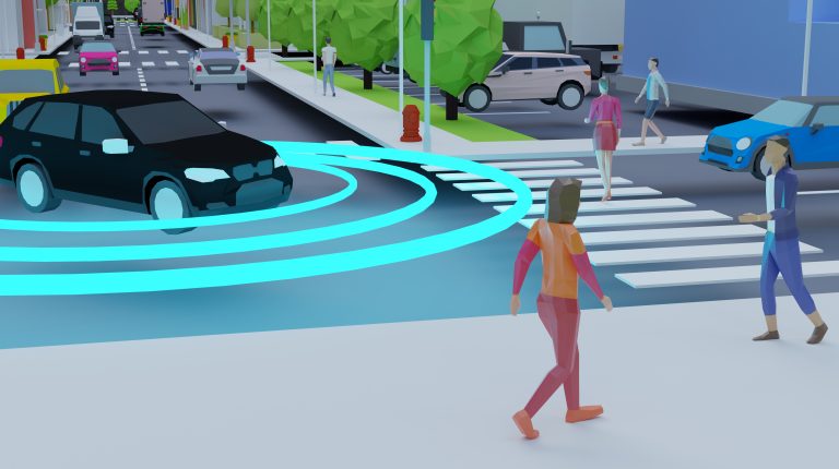 Illustration of a motor vehicle turning and a pedestrian woman walking across a street.