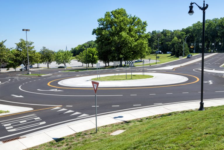 A photo of a traffic roundabout, which is often a confusing place to figure right of way for drivers.