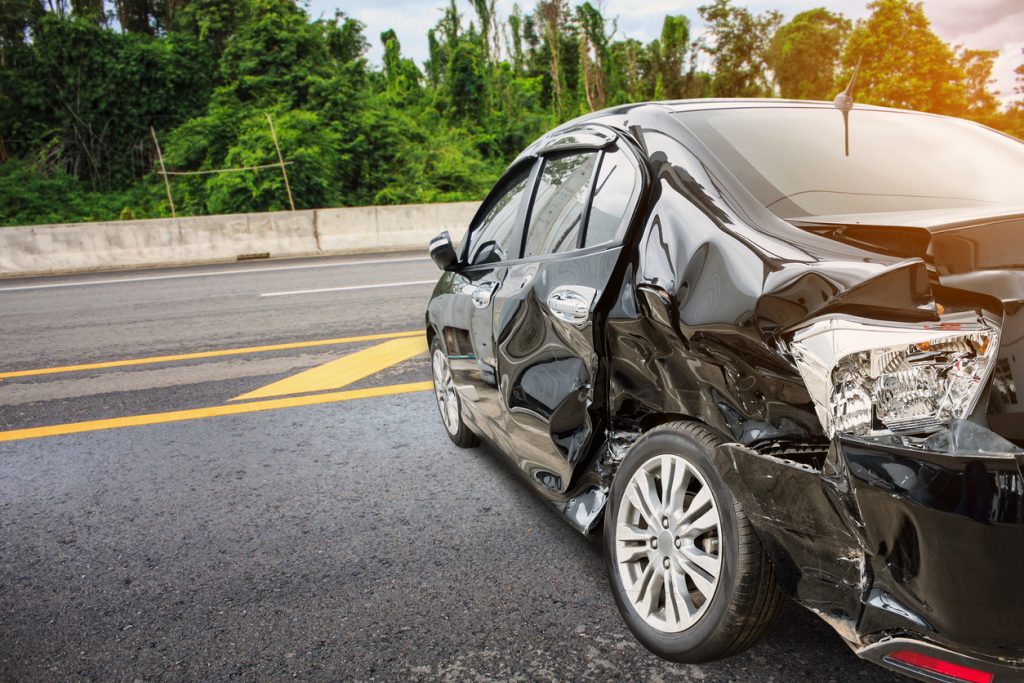 A wrecked car involved in a hit and run accdient.