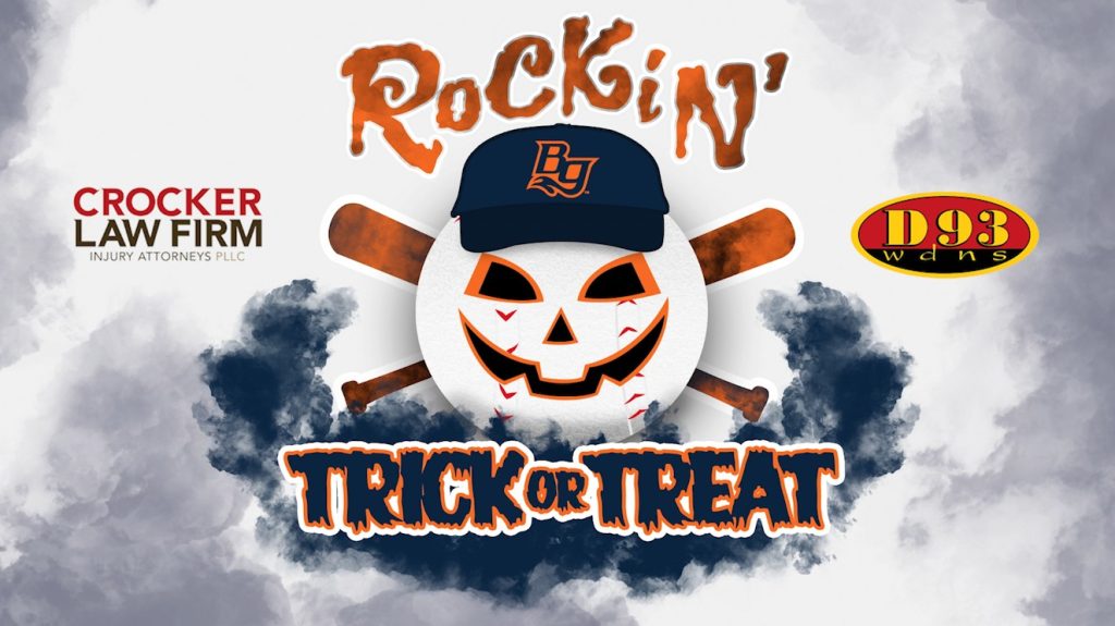 baseball with a jack o lantern face with two bats crossed behind it and the text Rockin' Trick or Treat above it